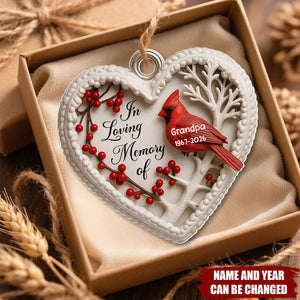 In Loving Memory Of Cardinal And Berries Heart - Personalized Acrylic Custom Shape Ornament
