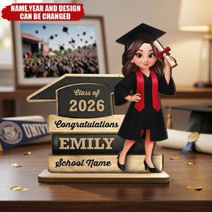 Cartoon Grad Holding Diploma - Personalized 2-Layered Wooden Plaque