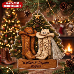 First Christmas Ornament For Newlyweds—Shaped Like A Western Cowboy Boot With The Wedding Date