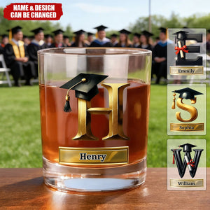 Personalized Graduation Cap Initial Whiskey Glass - Gift For Graduates & Whiskey Lovers
