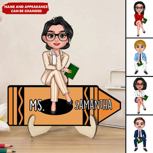Doll Teacher Sitting On Crayon Personalized 2-Layer Wooden Plaque
