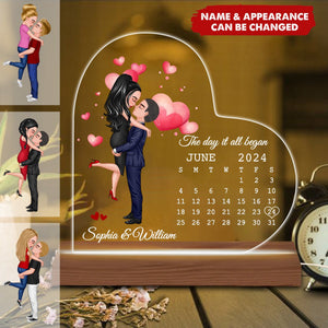 Doll Couple Hugging Kissing Calendar Anniversary Date Personalized Heart Shaped Acrylic Plaque With LED Night Light - Anniversary Gift For Couple - Gift For Him, Gift For Her