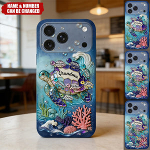 Grandma Turtle - Personalized Turtle 3D Embossed Leather Phone Case