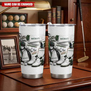 Golf Enthusiast Personalized Tumbler Featuring Clubs and Balls, Gift For Dad and Sports Lovers