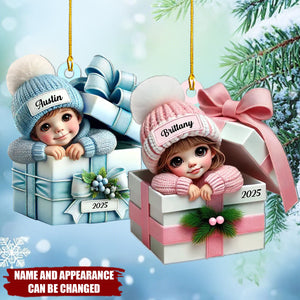 Kid Boy Girl Inside Gift Box - Personalized Acrylic Flat Ornament