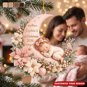 First Christmas Baby Boy Girl on Floral Moon - Personalized Acrylic Ornament - Christmas Gift for New Mom, Dad