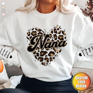 Grandma Heart Leopard Pattern Personalized Sweatshirt Sleeve Kid Names