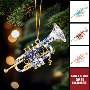 Trumpet Toile de Jouy Personalized Christmas Acrylic Ornament
