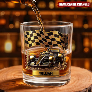 Cherish Your Victories, Celebrate Your Passions, Race Car And Checkered Flag Whiskey Glass