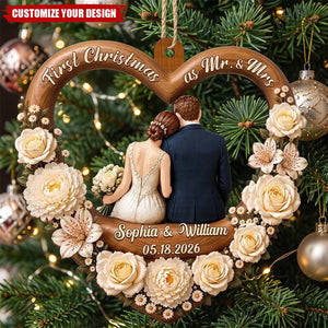First Christmas Married Wooden Ornament, Seated Bride & Groom From Behind by a Glowing Tree, Creative Gift for Newlyweds