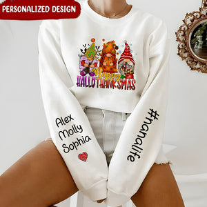 Happy Halloween Thanks Giving Christmas With Grandkids Name On Sleeve Personalized Sweatshirt Gift for Grandmas Moms Aunties