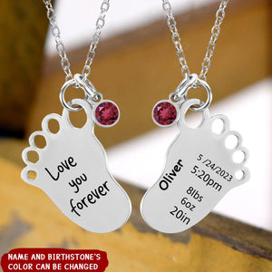 Personalized Engraved Baby Foot Pendant Necklace with Birth Announcement and Birthstone Birthday Baby Shower Gift for Kid New Mom