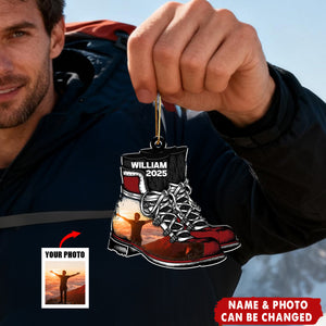 Personalized Hiking Boots Ornament: Custom Photo, Mountain Lover Christmas Decor