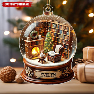 Book Lover Room 3D Effect Snow Globe Christmas Book Club Gift Book Reader Personalized Acrylic Flat Ornament