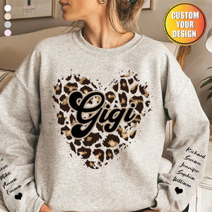 Grandma Heart Leopard Pattern Personalized Sweatshirt Sleeve Kid Names