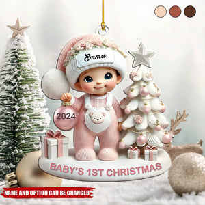 Cute Baby Standing Beside Christmas Tree 3D Effect Baby's First Christmas Personalized Acrylic Flat Ornament