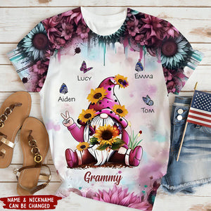 Sunflower Dwarf Grandma With Butterfly Kid Name Personalized 3D Shirt