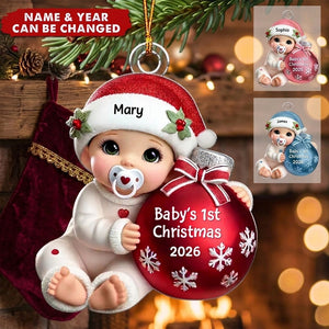 Baby Beside Christmas Bauble 3D Effect Baby's First Christmas Personalized Acrylic Flat Ornament