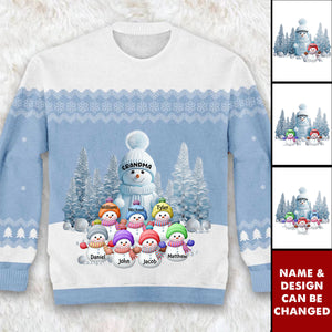 Christmas Snowman Grandma With Her Kids - Personalized Wool Sweater