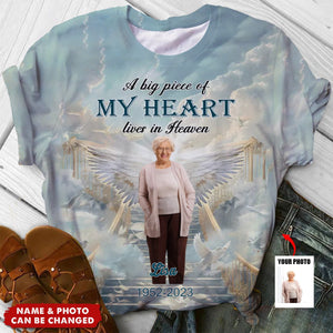 Heavenly Staircase Upload Photo Angel Wings, A Big Piece Of My Heart Lives In Heaven Personalized 3D T-Shirt