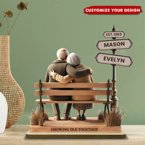 Old Couple Street Romantic Bench Scene - Personalized Standing Wooden Plaque