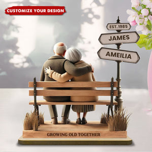 Old Couple Street Romantic Bench Scene - Personalized Standing Wooden Plaque