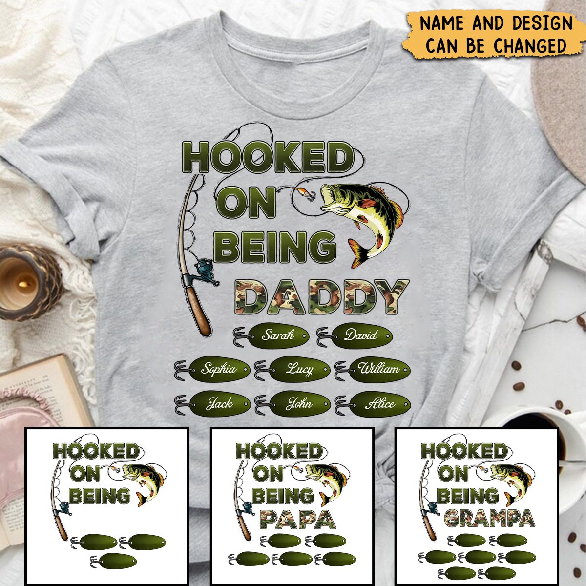 Hooked On Being Grandpa Fishing Camouflage - Personalized T-Shirt - Father's Day Gift