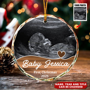 Custom Photo Arriving Baby First Christmas Ultrasound - Personalized Glass Ornament