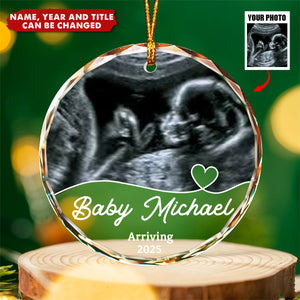 Custom Photo Arriving Baby First Christmas Ultrasound - Personalized Glass Ornament