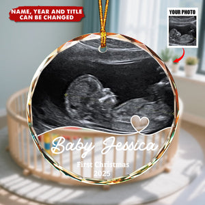 Custom Photo Arriving Baby First Christmas Ultrasound - Personalized Glass Ornament