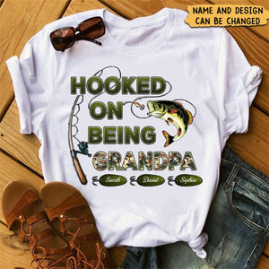 Hooked On Being Grandpa Fishing Camouflage - Personalized T-Shirt - Father's Day Gift