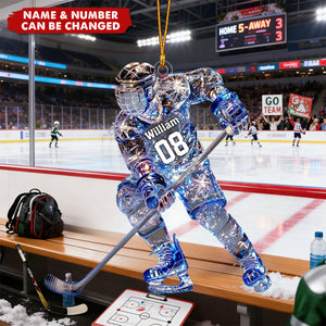 Ice Hockey Player Crystal Effect Acrylic Ornament, Custom Name Sport Theme Christmas Unique Gift