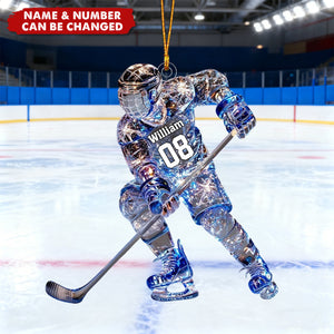 Ice Hockey Player Crystal Effect Acrylic Ornament, Custom Name Sport Theme Christmas Unique Gift