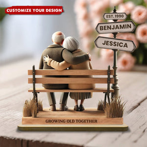 Old Couple Street Romantic Bench Scene - Personalized Standing Wooden Plaque
