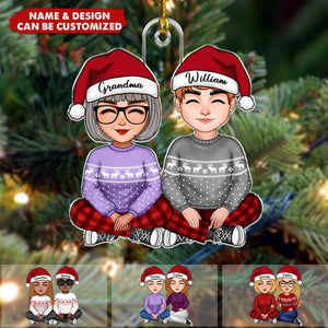 Cute Grandma Sitting With Teenage Granddaughter Grandson Christmas Gift Personalized Acrylic Ornament