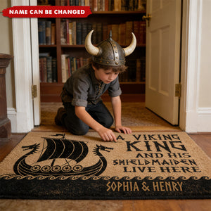 Name In Runes Viking A Viking King And His Shieldmaiden Live Here - Personalized Doormat