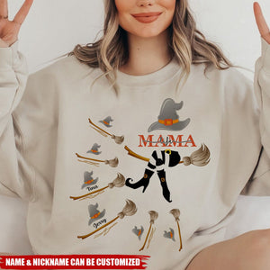 Grandma, Mom Witch Flying In Broom With Broom Kids Around Personalized Sweatshirt