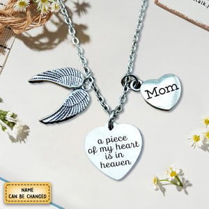 Personalized Angel Wing Necklace, Memorial Necklace,A Piece Of My Heart Is In Heaven Sympathy Gift Loss of Mom/Daughter/ Grandpa /Dad/ Son/ Brother