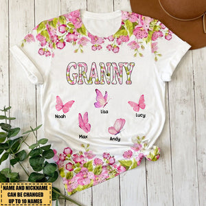 Pink Floral Nana Butterfly Kids Personalized 3D T-Shirt