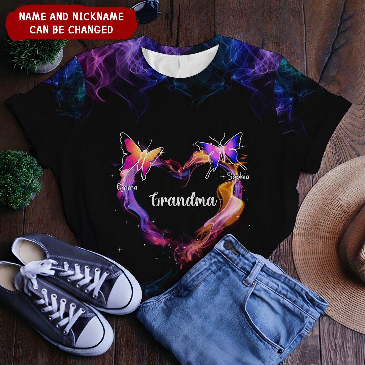 Grandma Mom Colorful Heart Butterflies Personalized 3D T-Shirt