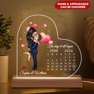 Doll Couple Hugging Kissing Calendar Anniversary Date Personalized Heart Shaped Acrylic Plaque With LED Night Light - Anniversary Gift For Couple - Gift For Him, Gift For Her