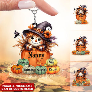 Grandma's Little Pumpkins - Scarecrow Grandma With Pumpkin Kid Names Personalized Keychain