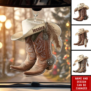 Boots And Hat Cowboy Cowgirl - Personalized Car Ornament