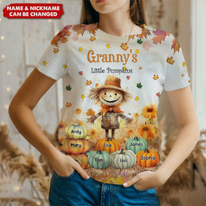 Grandma's Little Pumpkins Scarecrow Standing With Pumpkins Around Personalized 3D T-shirt