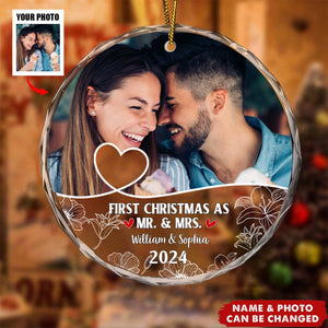 Custom Photo First Christmas As Mr & Mrs Couples - Personalized Circle Glass Ornament