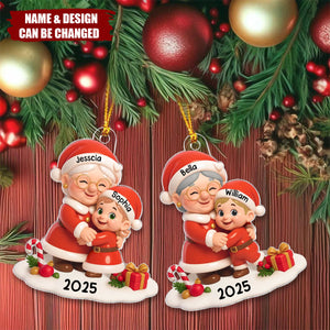 Santa Grandma Hugging Grandkid 3D Effect Personalized Acrylic Ornament