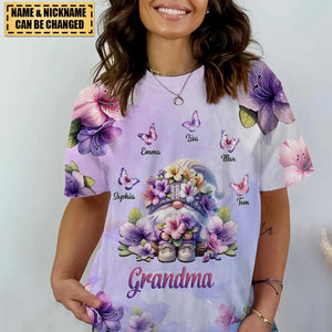Grandma Dwarf With Purple Flowers And Butterflies Personalized 3D T-Shirt