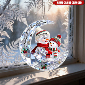 3D Crystal Effect Grandma Grandkid Snowman On Moon - Personalized Acrylic Ornament