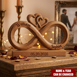 Personalized Infinity Heart Wooden Block: Custom Couple Names Anniversary Desk Sign