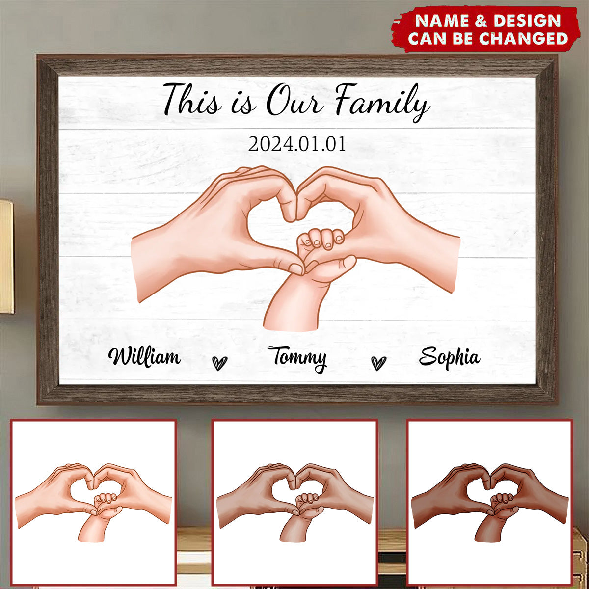 Family Of Three Heart Hand - Personalized Horizontal Poster Gift For New Mom New Dad